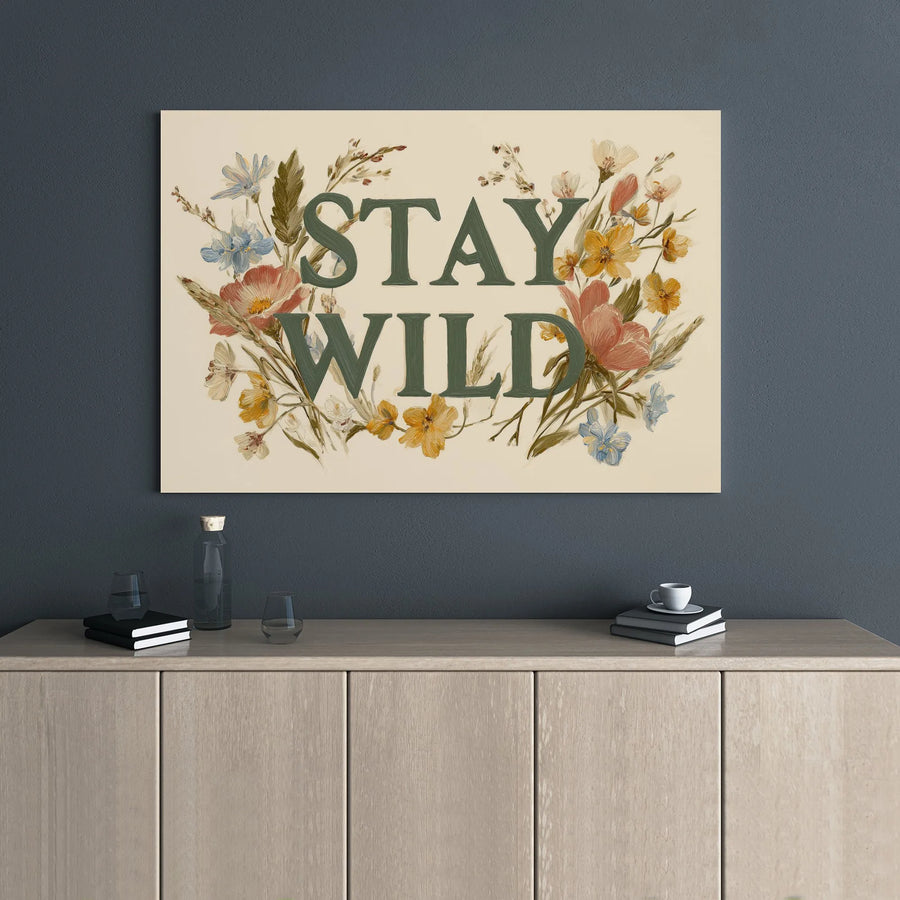 Stay Wild Floral Wall Art | Bohemian Wildflower Wreath Canvas | 1.25 Inch Gallery Wrap | Aesthetic Home Decor For Nature Lovers