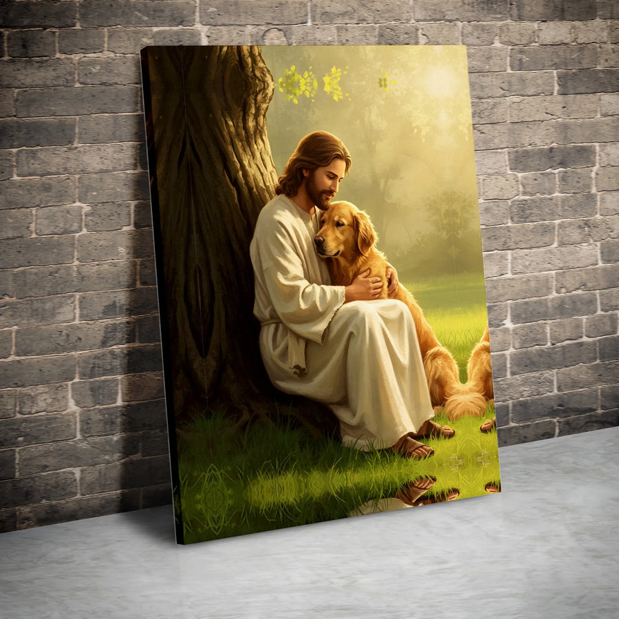 Jesus With Golden Retriever Canvas | Religious Pet Wall Art | Premium 1.25 Inch Gallery Wrap | Spiritual Home Decor Gift