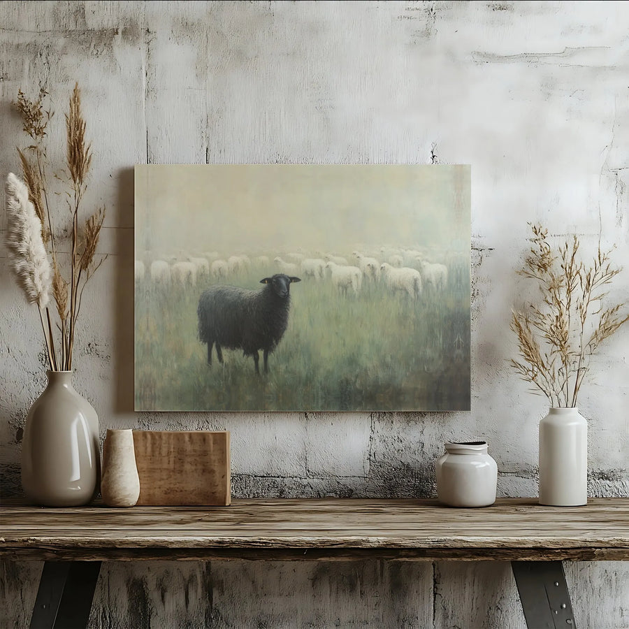 Black Sheep Painting | Rustic Farmhouse Wall Art Canvas | Premium Fade-Resistant Print | Unique Decor for Home or Office Gift