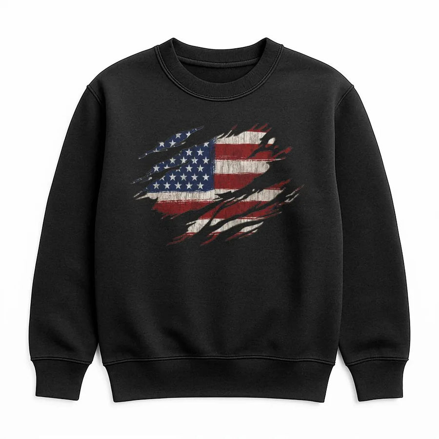 American Flag Sweatshirt | Vintage Tattered USA Flag Pullover | Soft Cotton Blend Crewneck | Unisex Patriotic 4th of July Gift