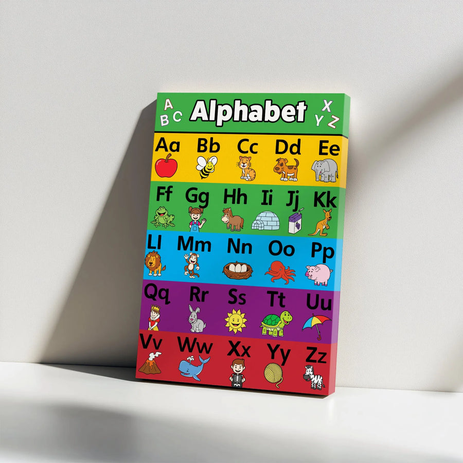 Educational Alphabet Vertical Canvas | Colorful Cartoon Animals & Objects | Premium Gallery Wrapped Art | Nursery Room Decor Gift for Toddlers