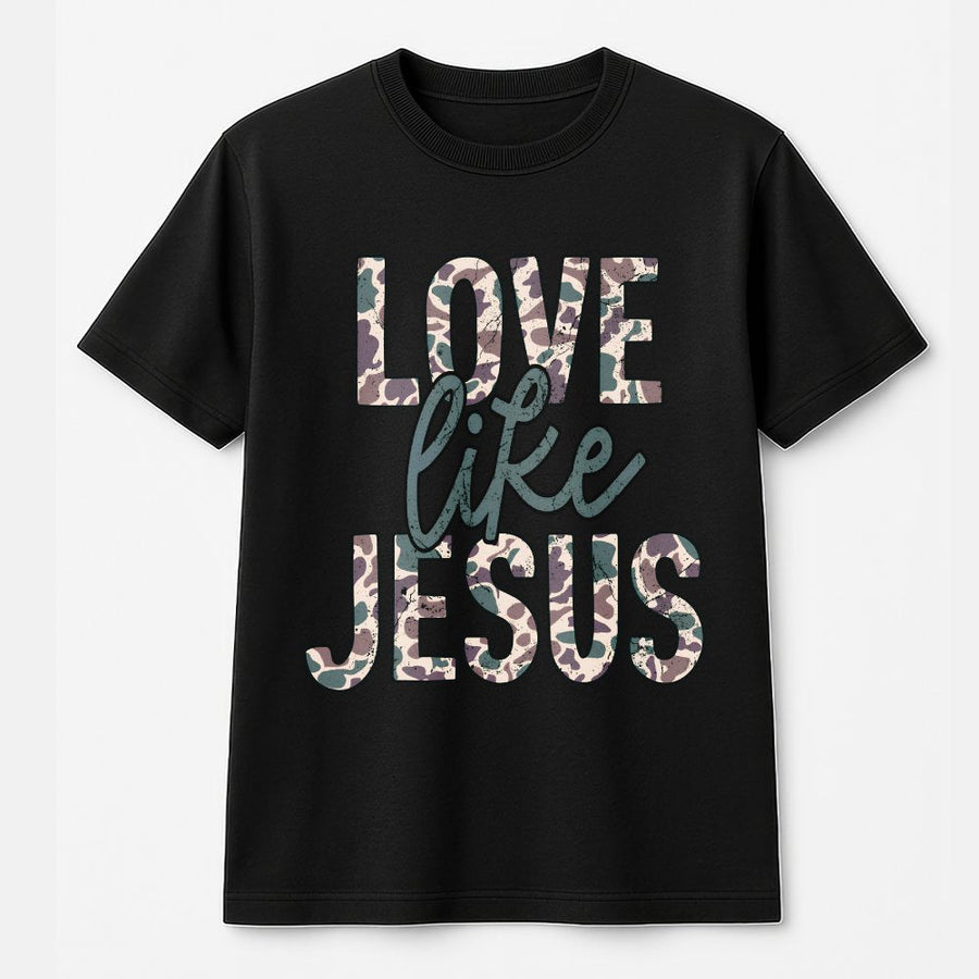 Love Like Jesus T-Shirt | Camo Print Faith Design | Premium 100% Cotton Tee | Christian Gift for Women and Men