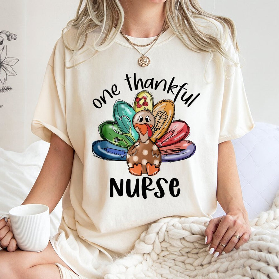 One Thankful Nurse T-Shirt | Thanksgiving Medical Turkey Graphic | 100% Cotton Premium Tee | Cute RN Nursing Student Fall Holiday Gift