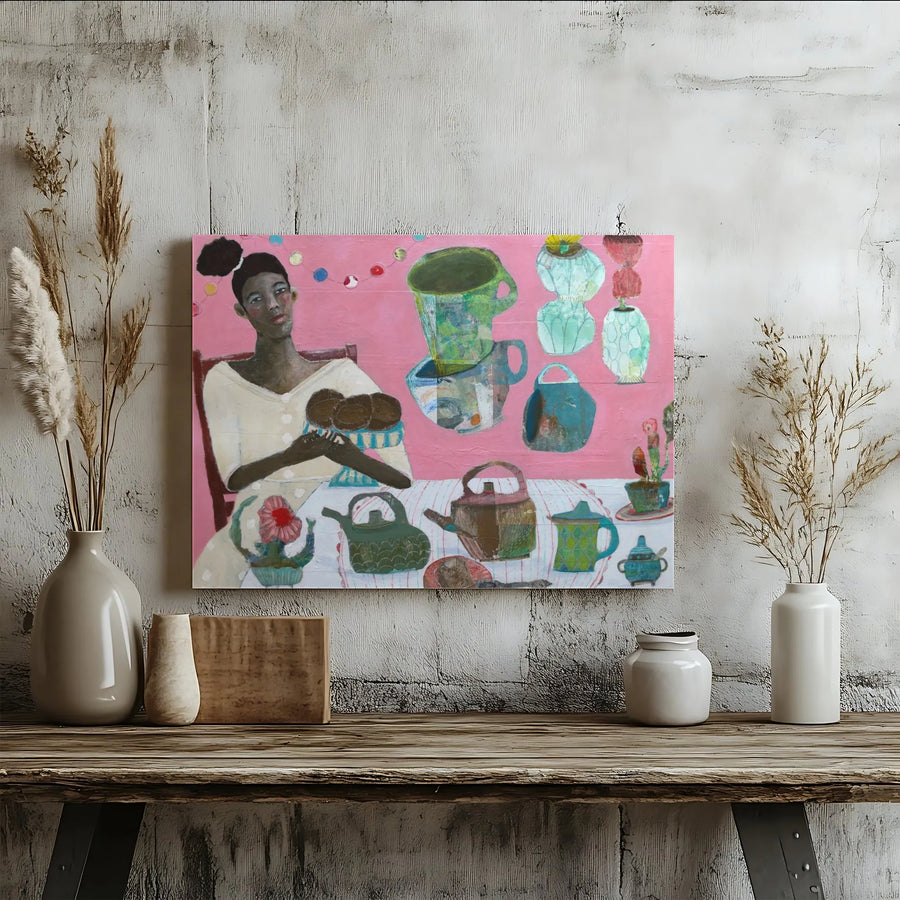 Modern Black Art Canvas Print | Figurative Painting of Woman at Tea Party | Gallery Wrapped Thick Canvas | Living Room & Kitchen Wall Decor