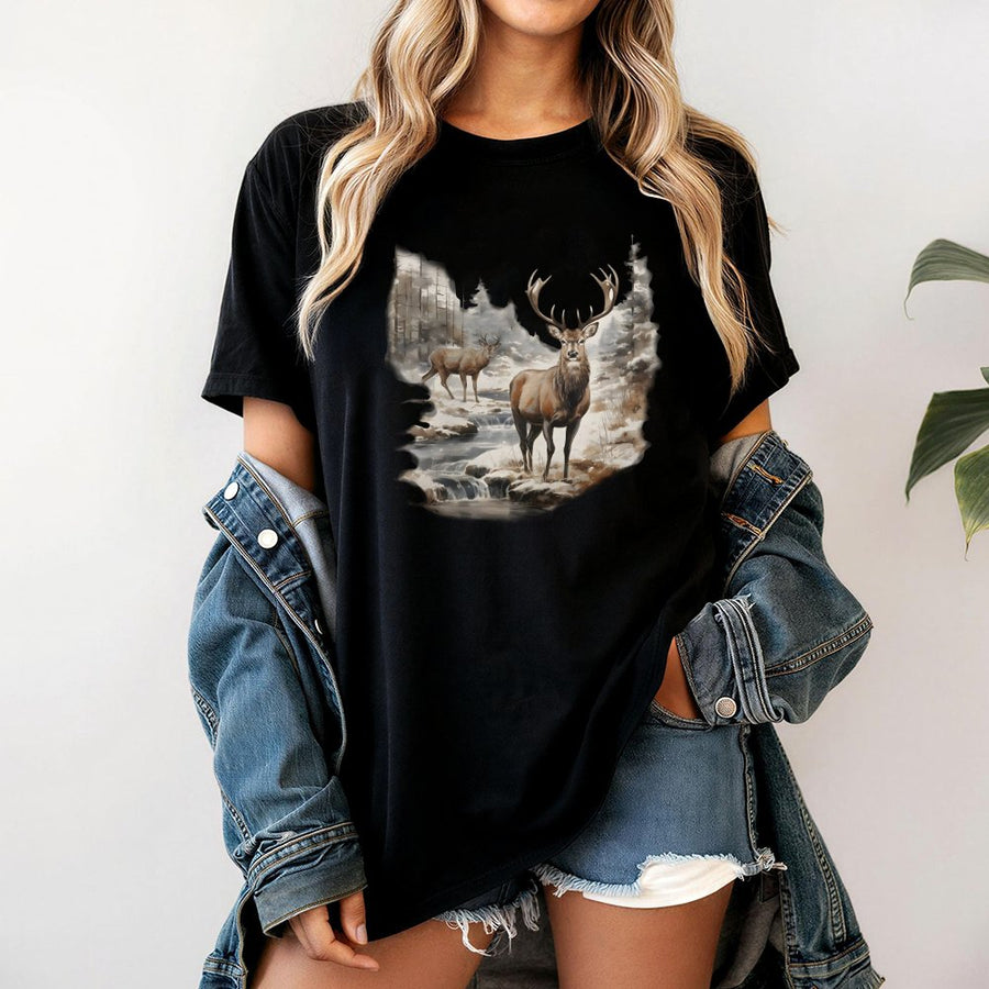 Deer Wilderness T-Shirt | Watercolor Forest Buck Graphic | 100% Cotton Premium Tee | Nature Lover Gift For Him Her