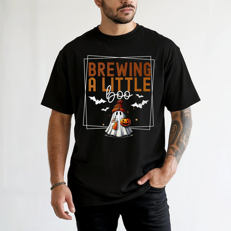 Brewing A Little Boo T-Shirt | Cute Ghost Pumpkin Coffee Design | 100% Cotton Premium Tee | Spooky Halloween Gift for Women