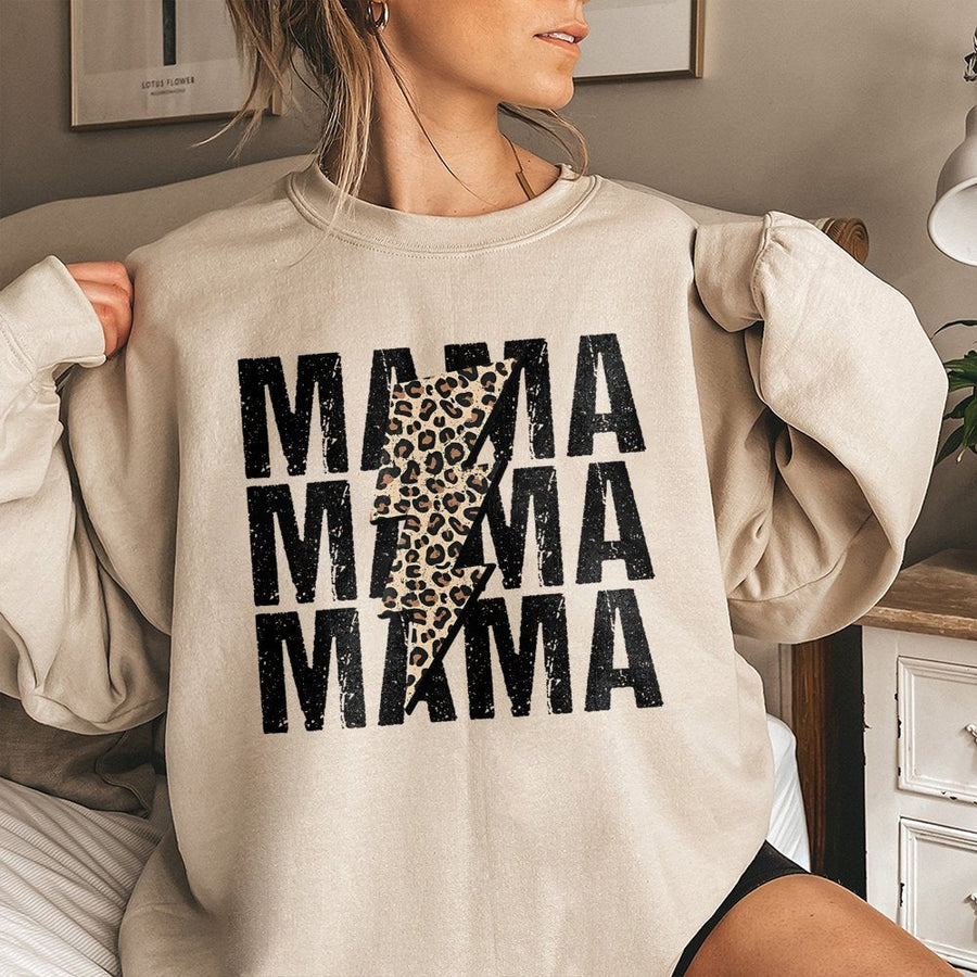 Mama Sweatshirt | Leopard Print Lightning Bolt Design | Premium Cotton Blend | Trendy Graphic Gift For Mom