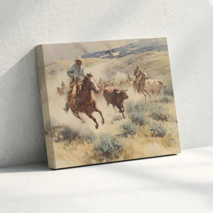 Western Cowboy Cattle Drive Canvas Art | Rustic Watercolor Rodeo Wall Decor | Premium 1.25 Inch Gallery Wrap | Southwestern Home Gift