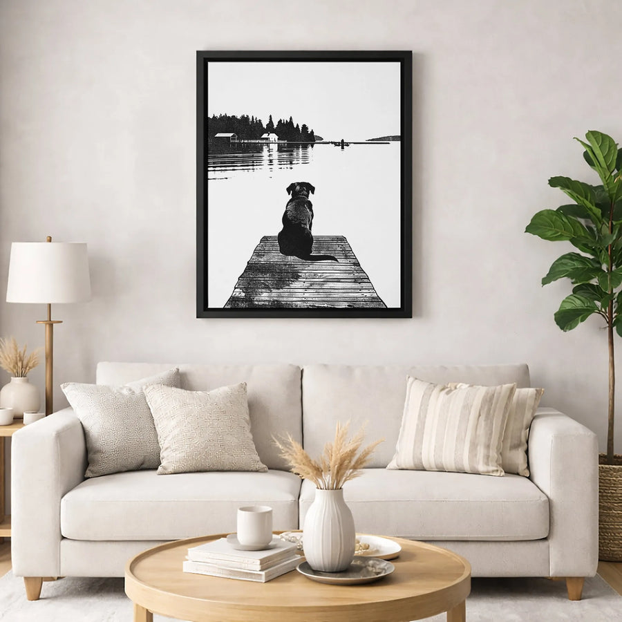 Dog on Dock Canvas Art | Lake Landscape Silhouette | Premium 1.25 Inch Gallery Wrap | Wildlife Nature Wall Decor for Dog Lovers