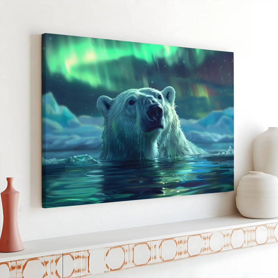 Polar Bear Wall Art | Northern Lights Aurora Borealis Canvas | Premium 1.25" Gallery Wrap | Nature Wildlife Decor for Living Room