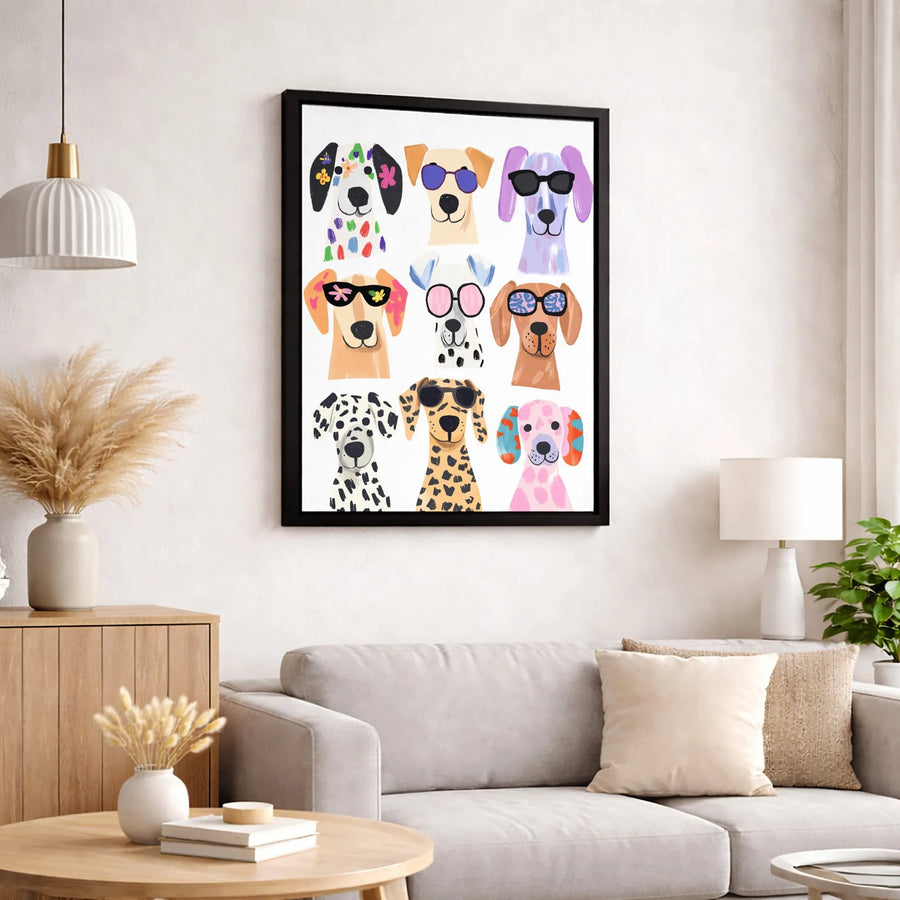 Dog Wall Art Canvas | Colorful Pop Art Puppy Portraits With Sunglasses | Premium Gallery Wrapped Print | Fun Gift For Dog Lovers & Modern Home Decor