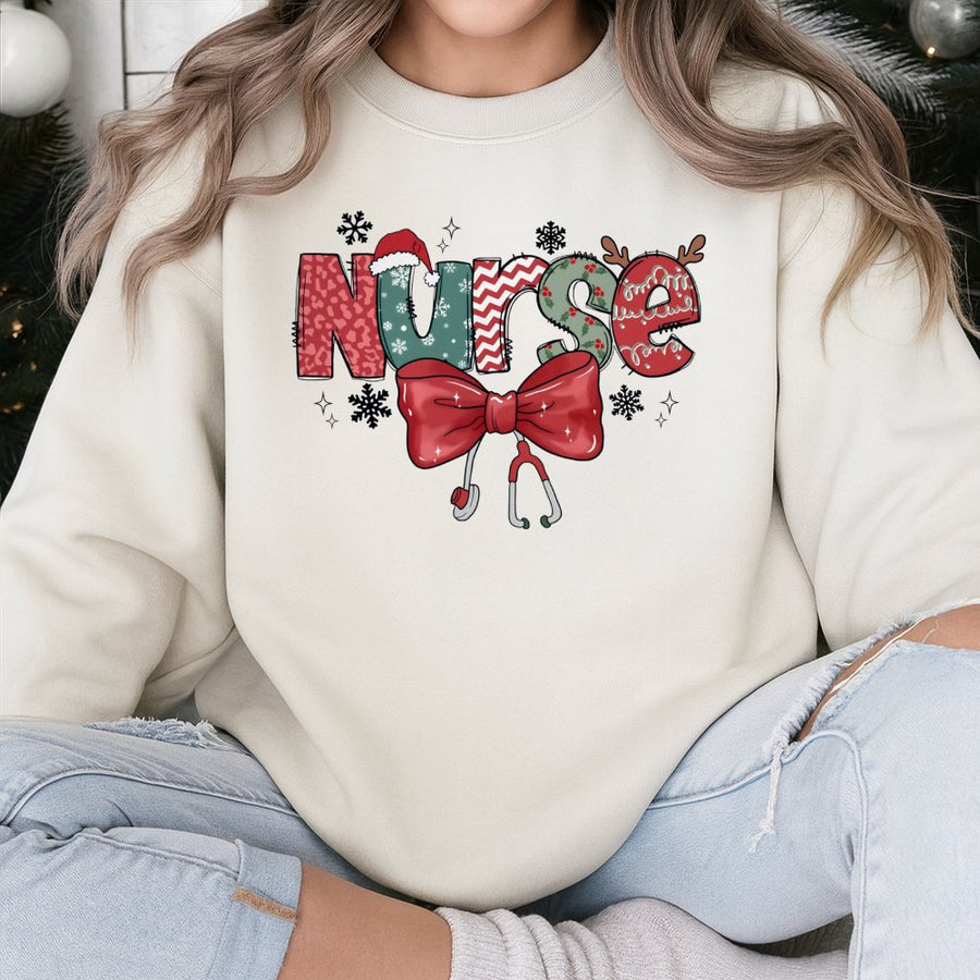 Christmas Nurse Sweatshirt | Festive Stethoscope & Bow Graphic | Premium Cotton Blend | Holiday Gift for Nurses & Nursing Students