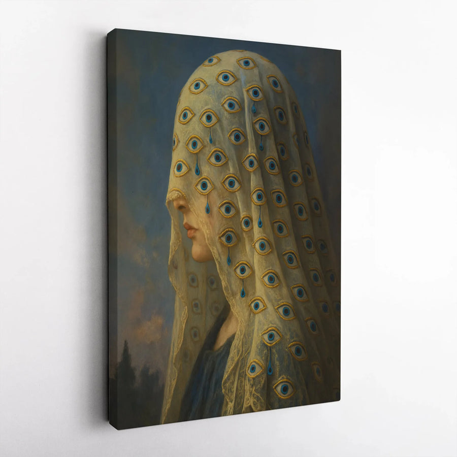 Surrealist Eye Wall Art | Mystical Woman With Veiled Eyes Canvas | Premium Gallery-Wrapped Print | Gothic Home Decor & Unique Living Room Gift