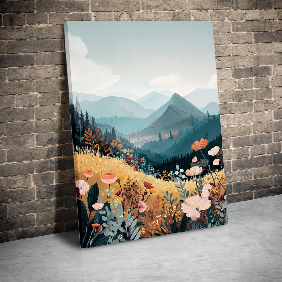 Wildflower Meadow Mountain Landscape Canvas | Boho Nature Valley Print | Premium 1.25-Inch Gallery Wrap | Wall Art Gift for Home Office Decor