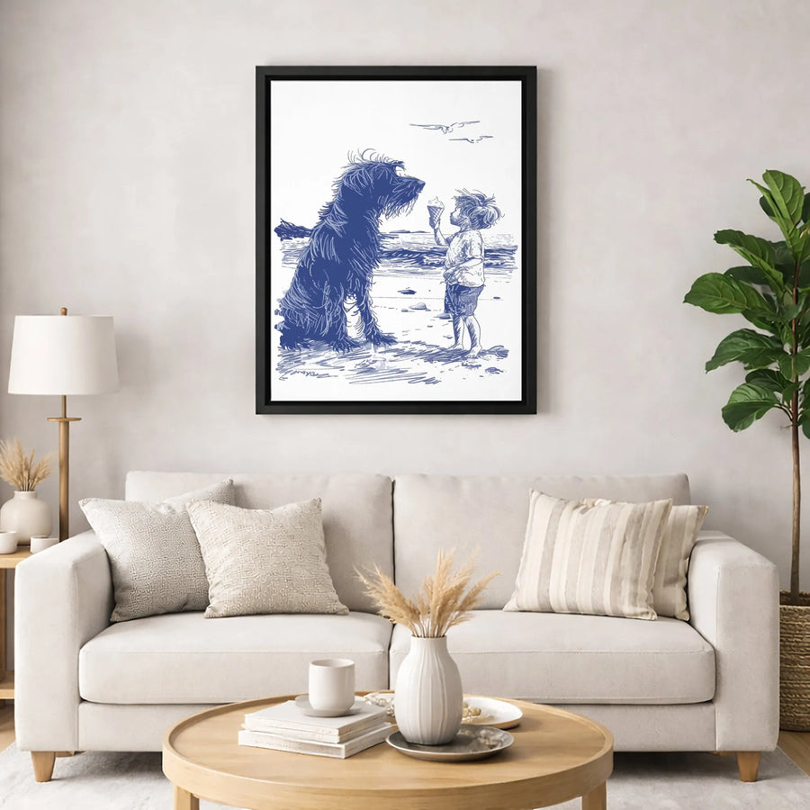Boy and Dog Beach Canvas Wall Art | Nautical Sketch Sharing Ice Cream | Premium Gallery Wrapped Print | Heartwarming Nursery or Living Room Decor