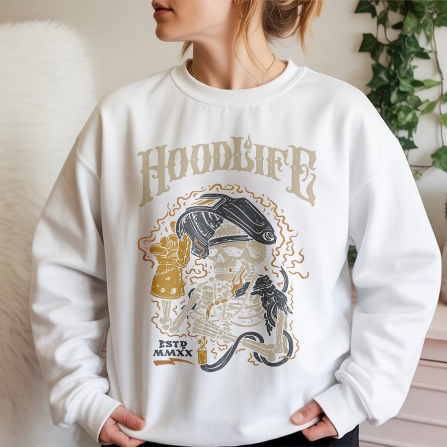 Welder Skeleton Sweatshirt | Hoodlife Graphic Print | Premium Cotton Blend | Gift For Welder Mechanic Trade Worker