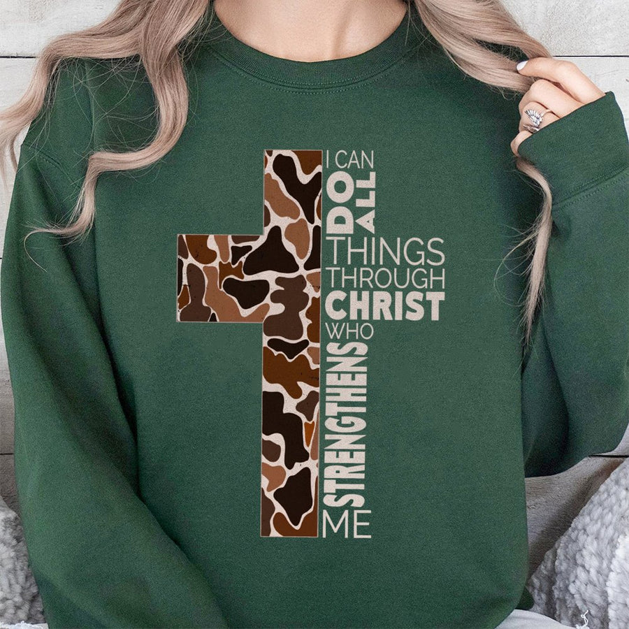I Can Do All Things Through Christ Sweatshirt | Camo Cross Bible Verse Design | Premium Cotton Blend | Christian Religious Gift For Men And Women