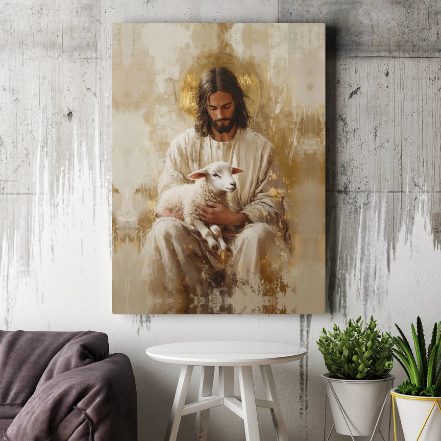 Jesus With Lamb Canvas Wall Art | Golden Halo Religious Portrait | Gallery-Wrapped Premium Print | Spiritual Home Decor & Christian Gift