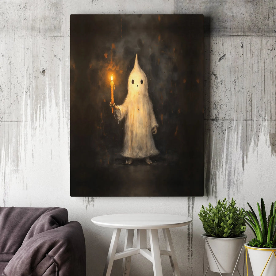 Spooky Ghost Canvas Wall Art | Little Spirit Holding A Candle | Gallery Wrapped Premium Print | Gothic Home Decor For Halloween Lovers