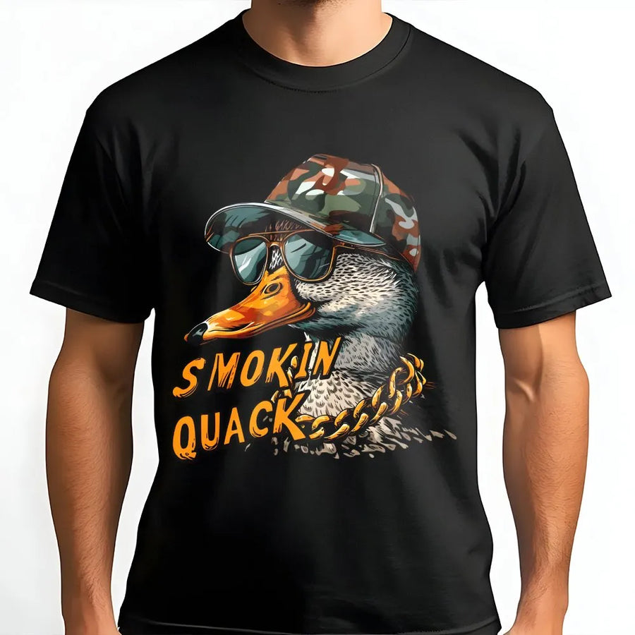 Smokin Quack T-Shirt | Funny Duck with Camo Hat and Gold Chain Design | Premium Soft Cotton Graphic Tee | Humorous Country Gift for Duck Hunters