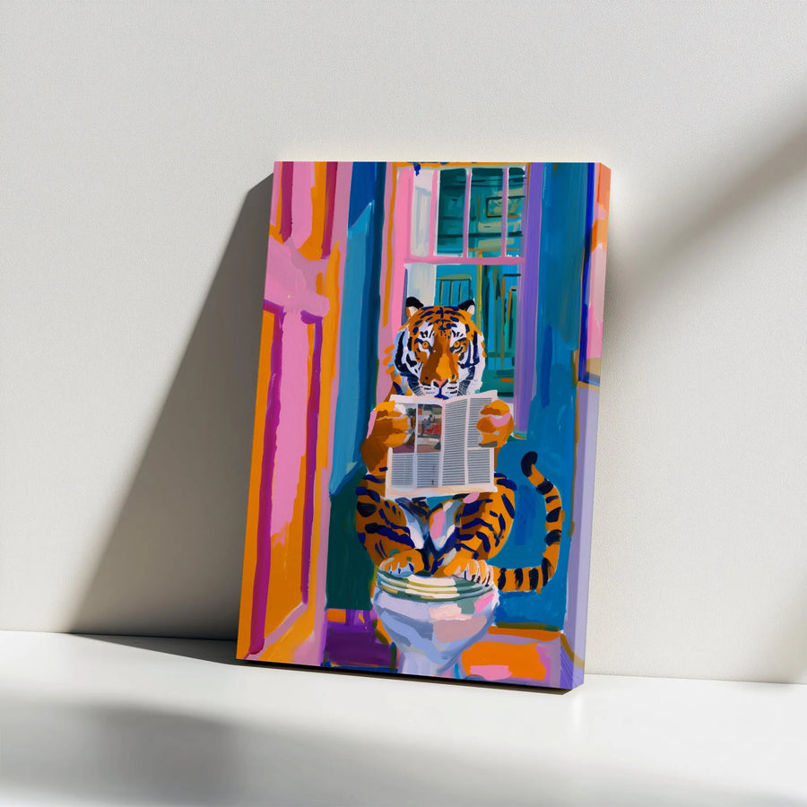 Tiger on Toilet Canvas Print | Funny Abstract Animal Art | Premium Gallery Wrapped Canvas | Unique Bathroom Decor Gift