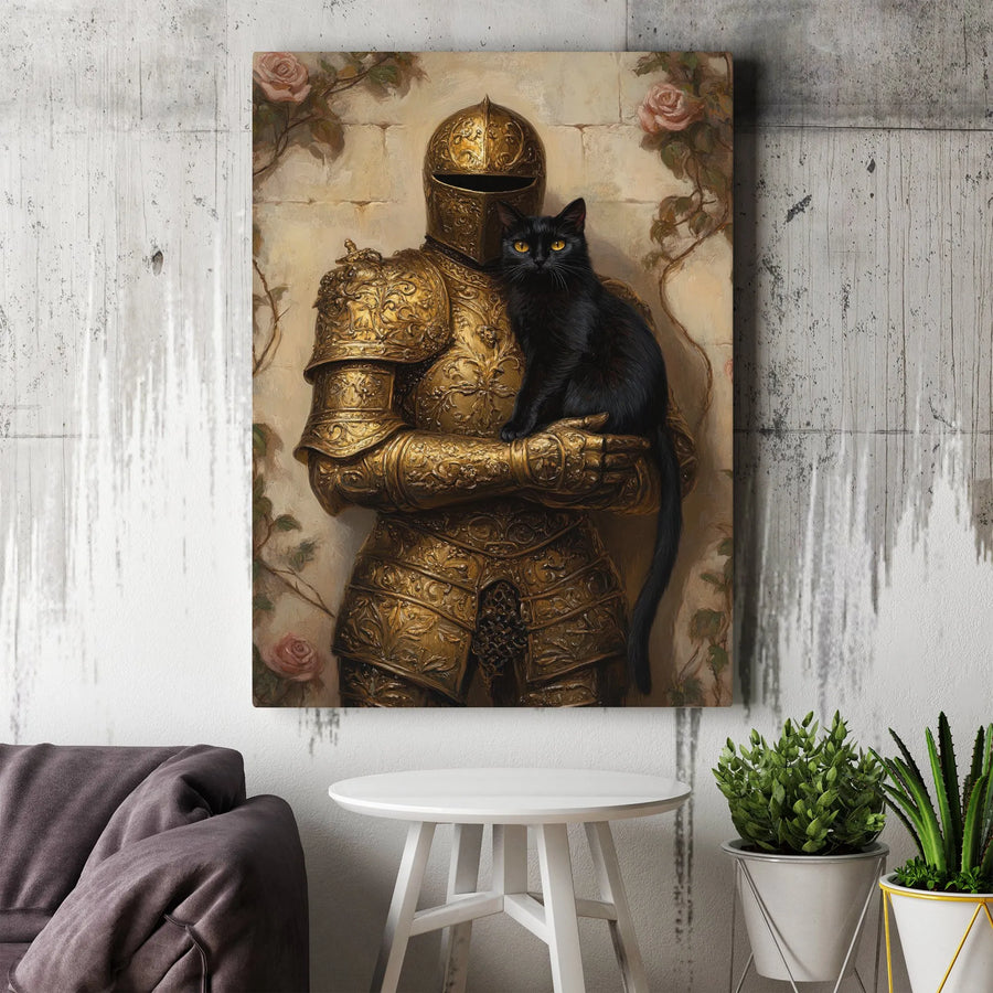 Knight with Black Cat Canvas Wall Art | Ornate Gold Armor Floral Portrait | Premium Fade-Resistant Print | Gothic Home Decor Gift for Cat Lovers