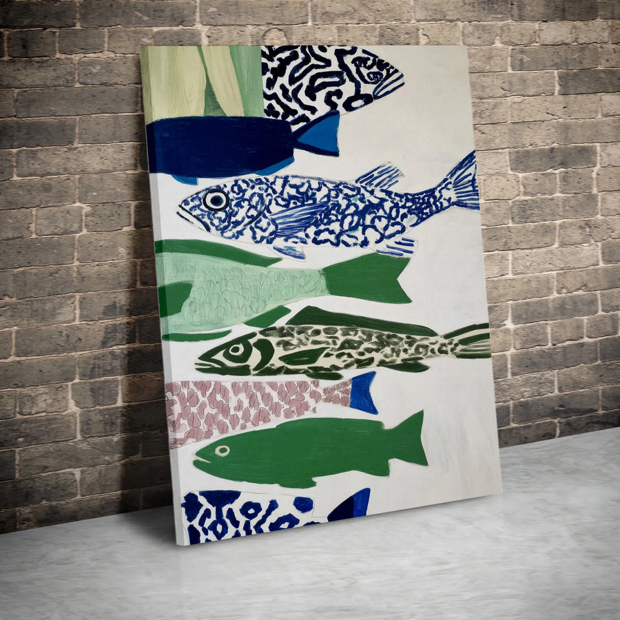 Abstract Fish Canvas Art | Modern Folk Art Fish School Print | Premium Gallery Wrapped Canvas | Coastal Kitchen & Living Room Decor Gift
