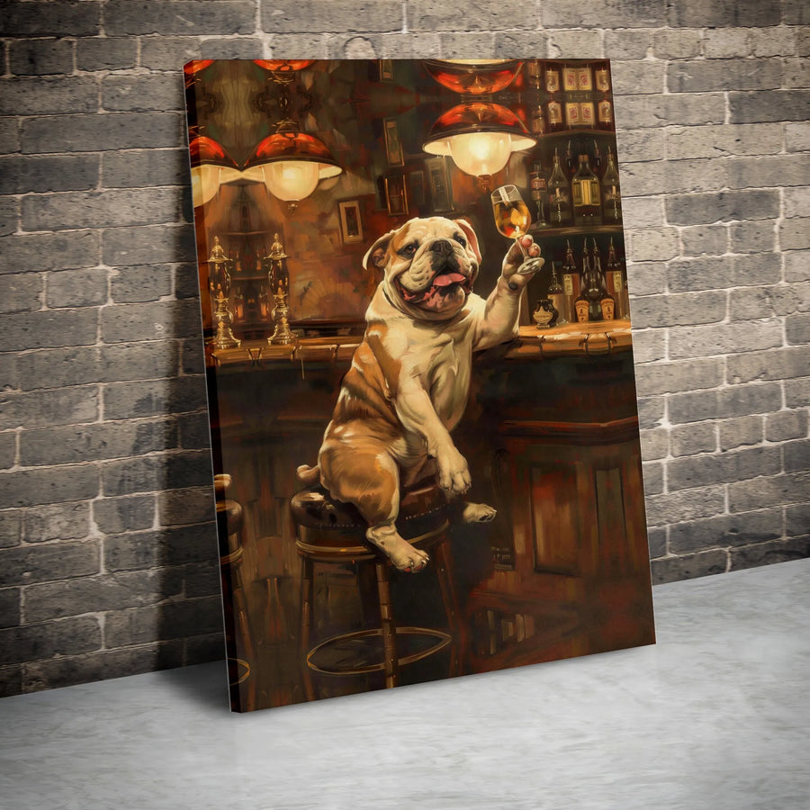 English Bulldog at Bar Canvas Print | Funny Dog Toasting Vintage Painting | Premium Gallery Wrap Artwork | Man Cave & Home Bar Decor Gift for Dog Lover