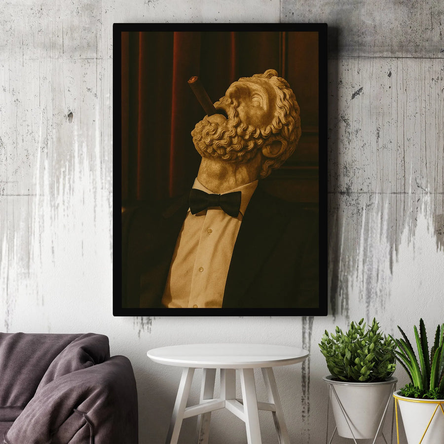 Greek God Smoking Cigar Canvas Art | Classical Sculpture in Tuxedo | Fade-Resistant Gallery Print | Unique Gift for Him, Man Cave Decor