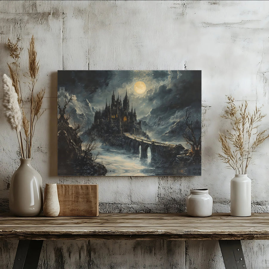 Gothic Castle Canvas Wall Art | Moody Full Moon Landscape Print | Gallery-Quality 1.25" Profile | Dark Academia Home Decor Gift