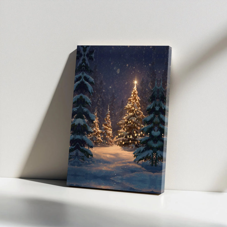 Snowy Christmas Forest Canvas | Glowing Winter Tree Night Landscape | Premium Gallery Wrap Wall Art | Cozy Holiday Home Decor Gift