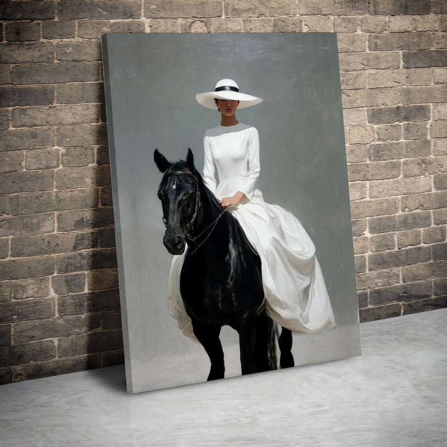Elegant Equestrian Canvas Print | Woman in White Dress Riding Black Horse | Premium Fade-Resistant Art | Modern Farmhouse Living Room Decor Gift
