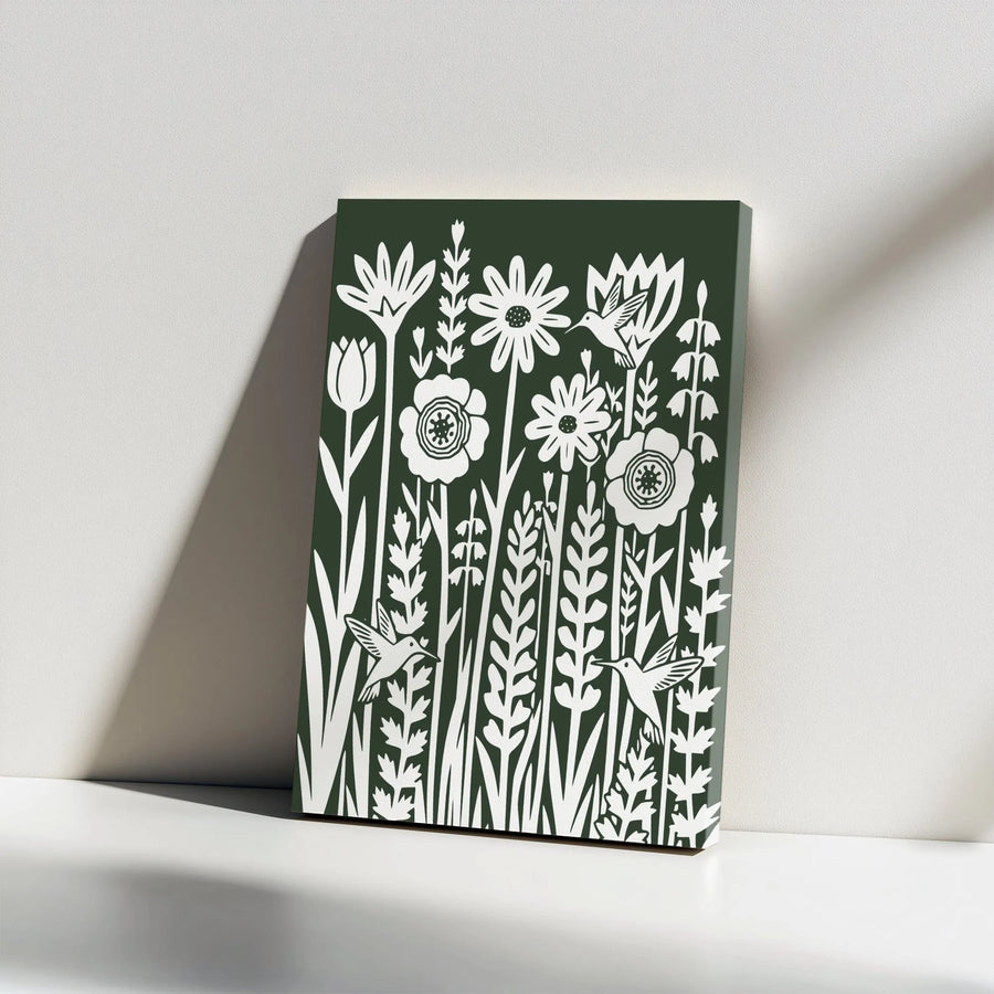 Hummingbird Wildflower Canvas Wall Art | Botanical Block Print Style | Premium Gallery Wrap Canvas | Minimalist Nature Decor Gift for Her