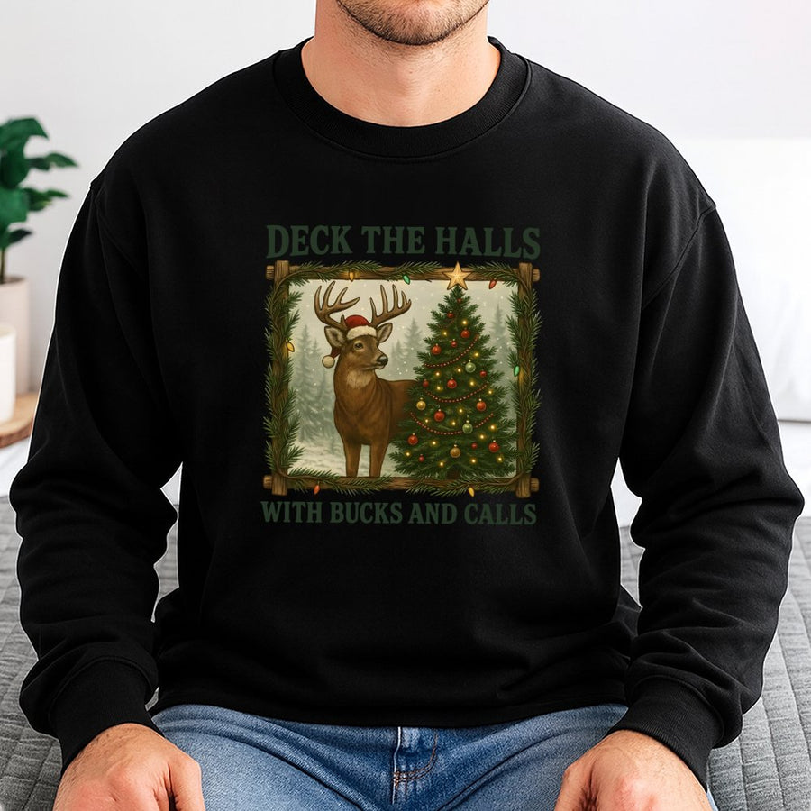 Deck The Halls With Bucks And Calls Sweatshirt | Funny Hunting Deer Christmas Graphic | Premium Cotton Blend Crewneck | Christmas Gift For Hunters