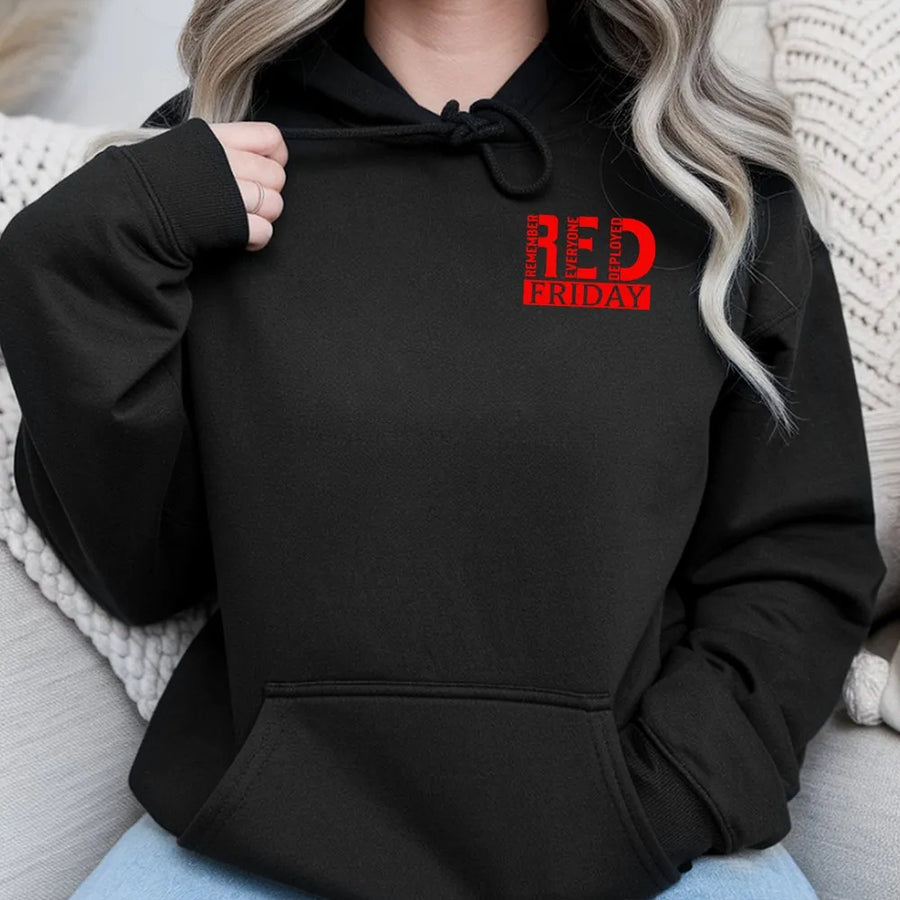 RED Friday Hoodie | Remember Everyone Deployed Graphic Top | Premium Cotton Blend | Military Support Patriotic Gift