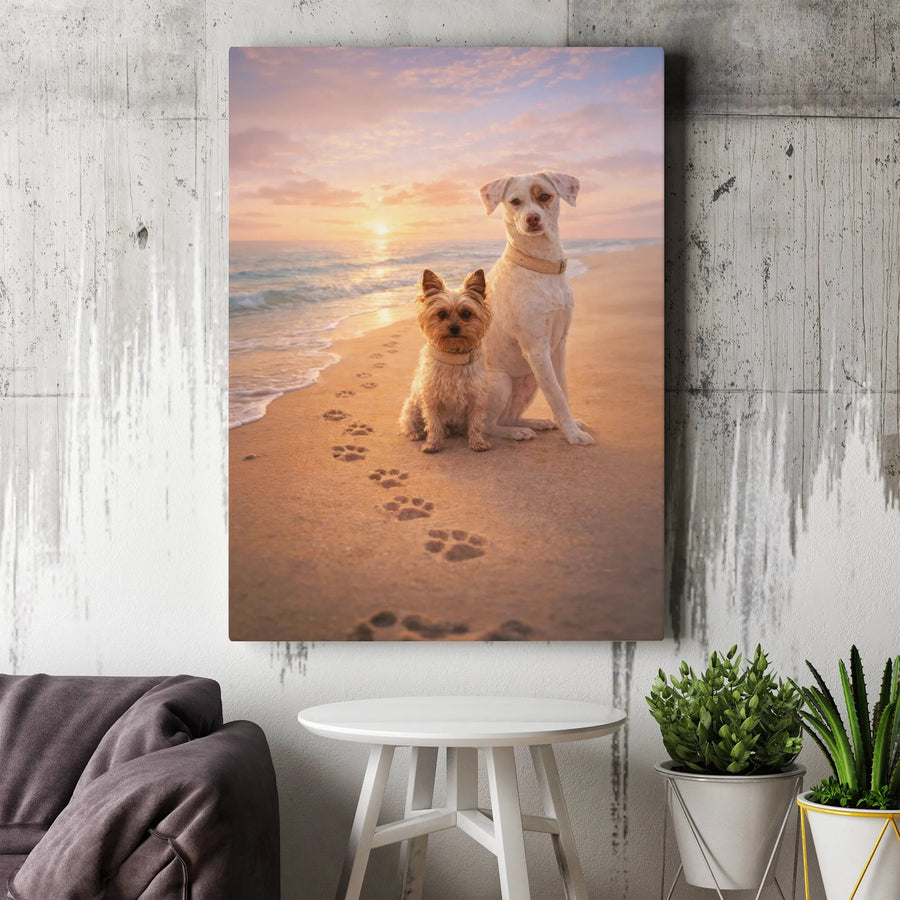 Dogs on Beach Canvas Wall Art | Sunset Scene with Paw Prints in the Sand | Premium Stretched Canvas | Gift for Dog Lovers & Pet Owners
