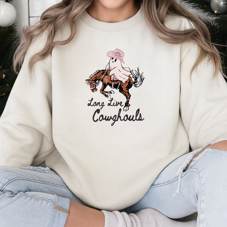 Long Live Cowghouls Sweatshirt | Western Ghost Cowboy Graphic | Soft Cotton Blend Fall Apparel | Cute Halloween Gift For Women And Cowgirl Fans