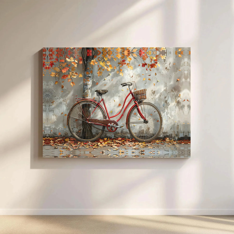 Vintage Red Bicycle Canvas Wall Art | Impressionist Autumn Leaves Scene | Premium Fade-Resistant Print | Nostalgic Home Decor Gift for Cyclists