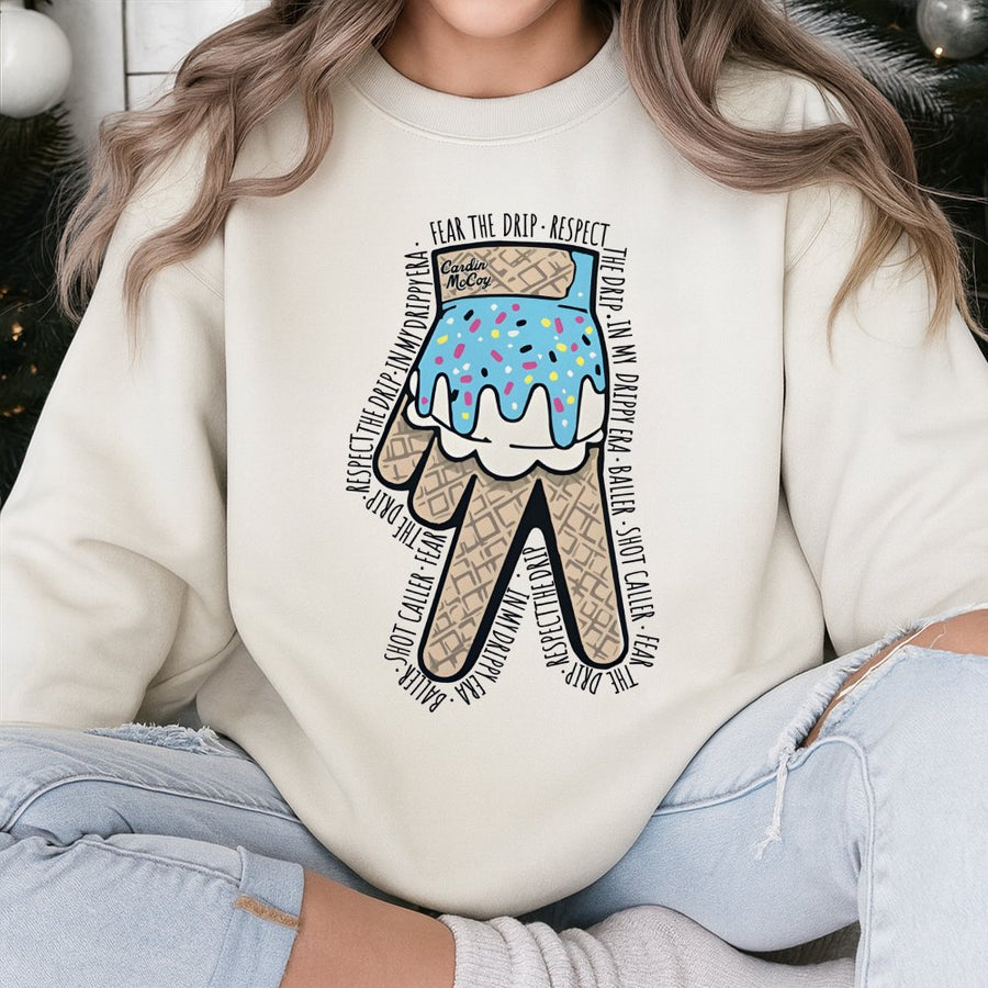Drippy Baseball Glove Sweatshirt | Ice Cream Cone Peace Sign Graphic | Premium Cotton Blend | Gift for Baseball Players and Fans