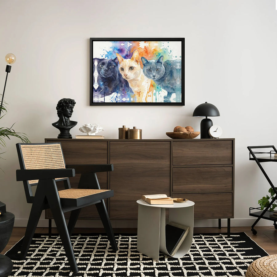 Three Cats Watercolor Canvas Wall Art | Colorful Abstract Pet Portrait | Premium 1.25-Inch Gallery Wrap | Modern Home Decor Gift for Cat Lovers