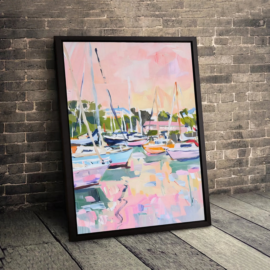 Abstract Sailboat Harbor Canvas Wall Art | Pastel Coastal Nautical Print | Premium Gallery Wrap Decor | Beach House Living Room Gift