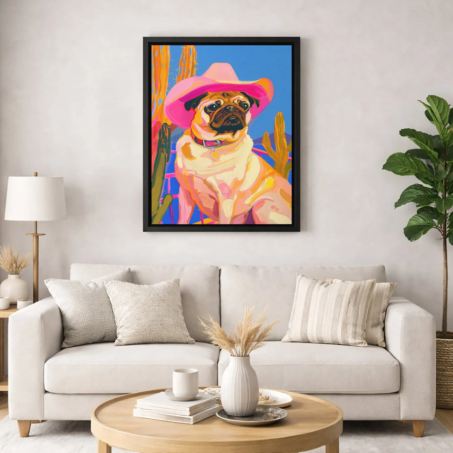 Pug Dog Wall Art | Pink Cowboy Hat Western Decor | Premium Gallery Wrap Canvas | Unique Pet Lover Gift