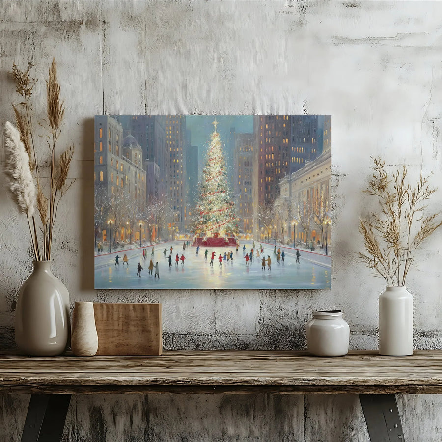 Winter Cityscape Canvas Art | Ice Skating Christmas Tree Print | 1.25 Inch Gallery Wrap Wall Decor | Festive Holiday Home Gift