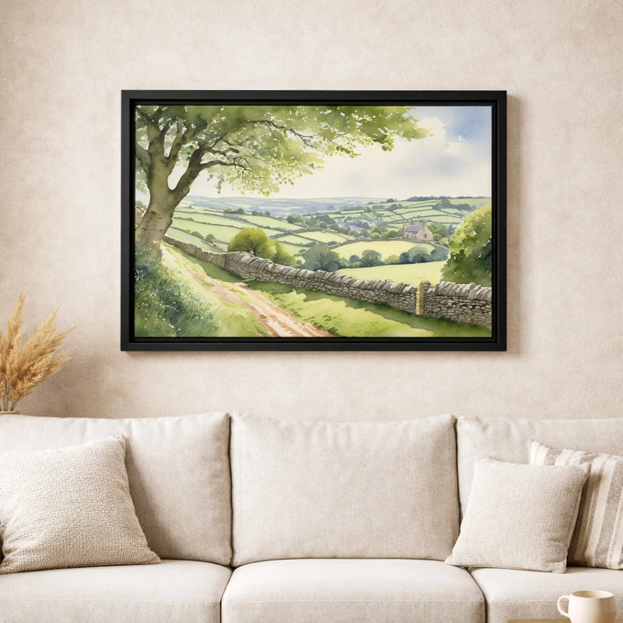 Watercolor Countryside Landscape Wall Art | Rolling Hills & Stone Wall Print | Premium 1.25” Gallery Canvas | Peaceful Nature Home Decor