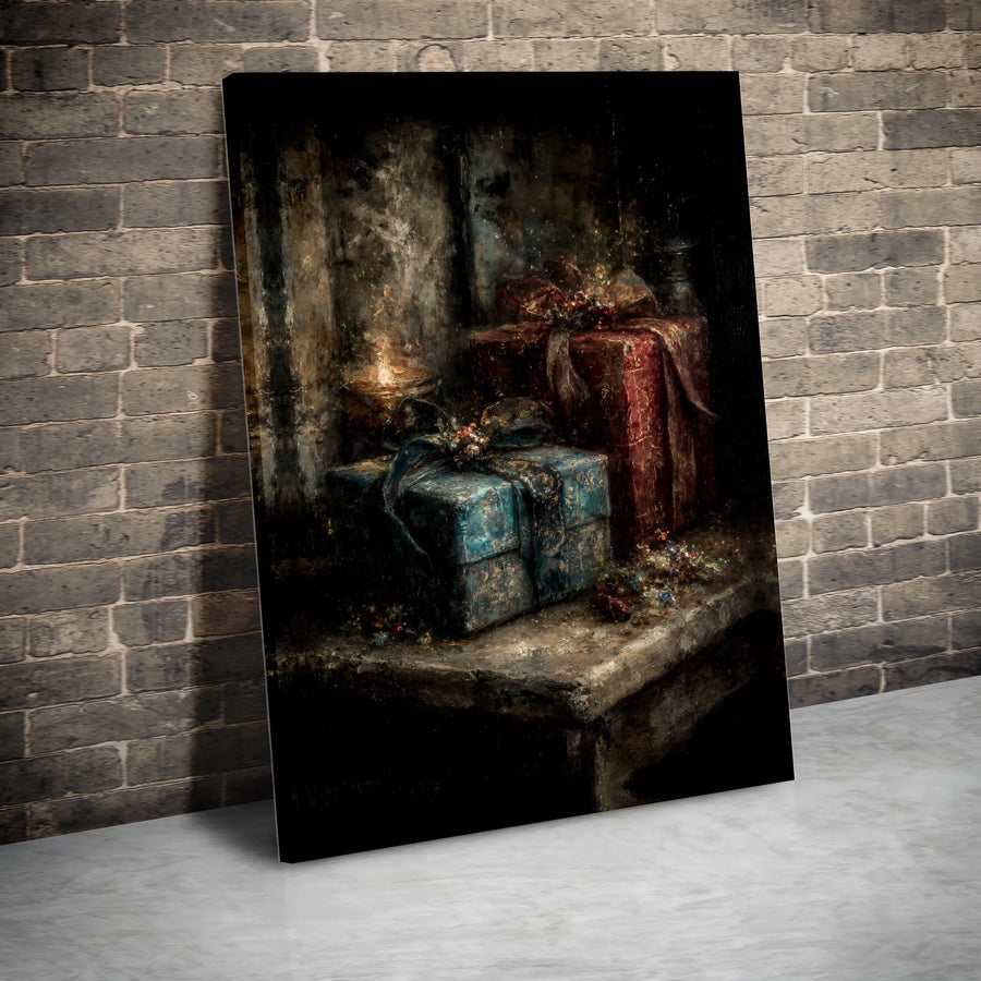 Christmas Still Life Canvas Print | Festive Wrapped Gift Boxes & Candlelight Art | Premium Gallery-Quality Decor | Holiday Home Wall Art Gift