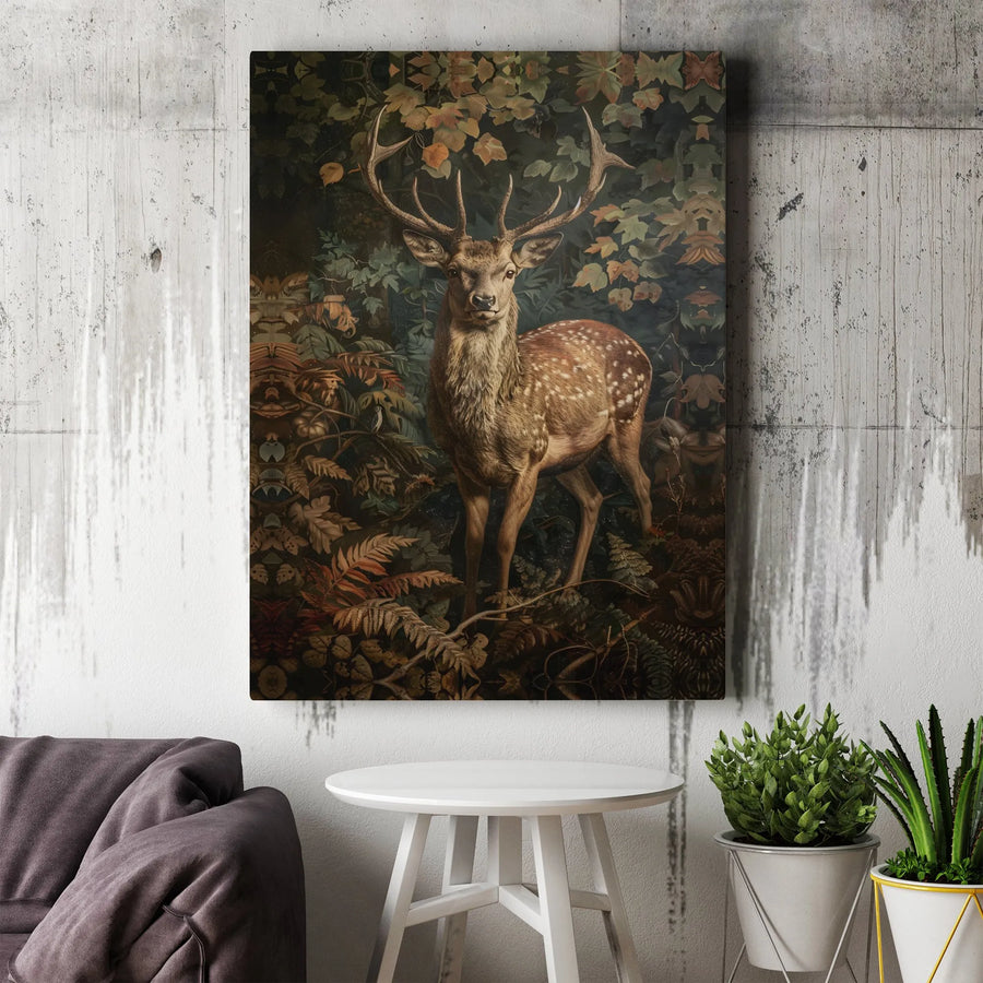 Vintage Deer Canvas Wall Art | Moody Forest Stag Painting | Premium Gallery Wrapped Print | Rustic Cabin Decor Hunter Gift