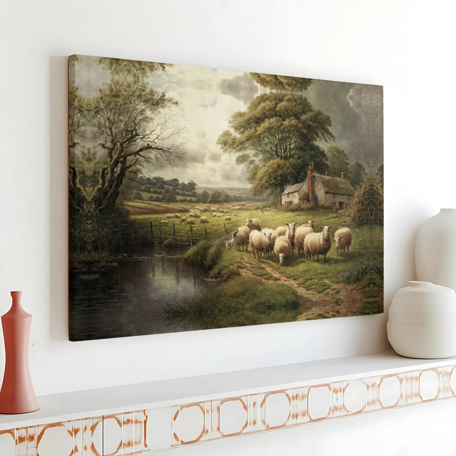 Pastoral Landscape Canvas Print | Sheep In Countryside Farmhouse Wall Art | Premium Gallery Wrap Decor | Farmhouse Living Room Gift