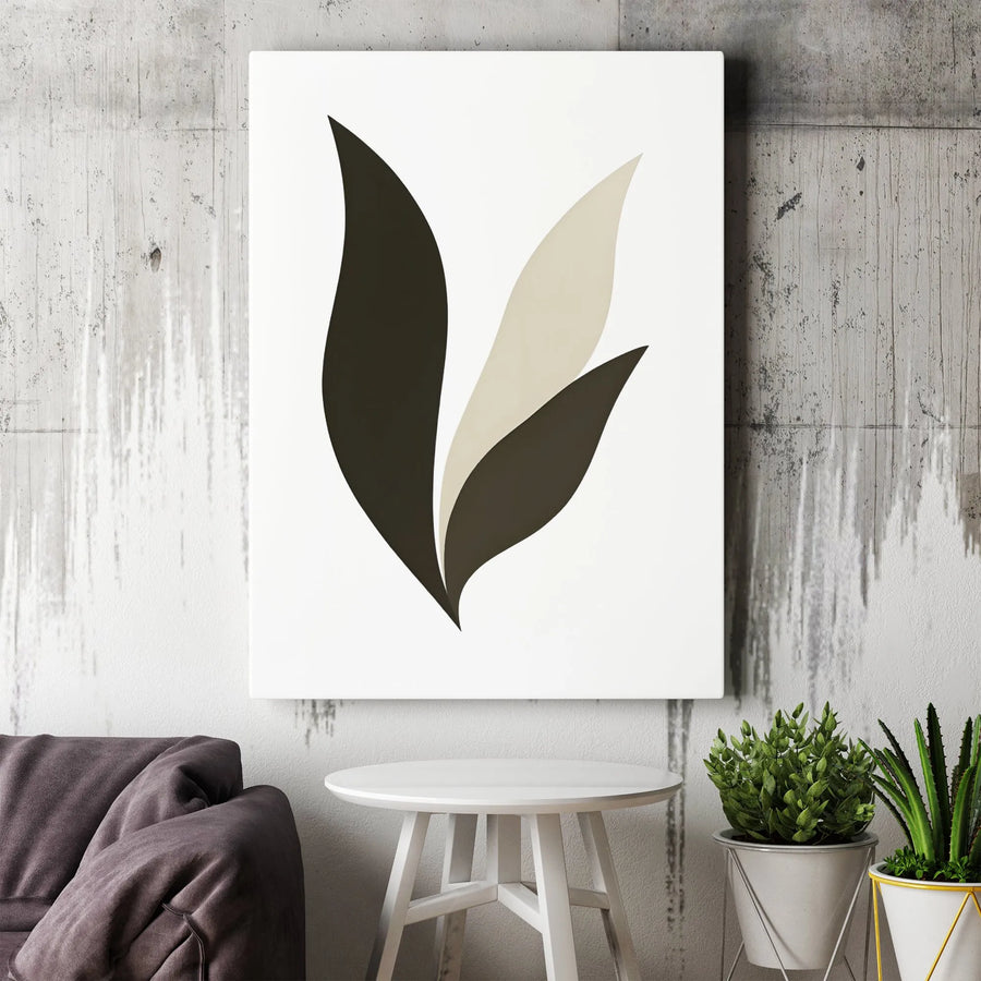 Minimalist Abstract Leaf Canvas Art | Neutral Black and Beige Botanical Print | 1.25-Inch Gallery Wrap | Modern Home Decor Wall Hanging