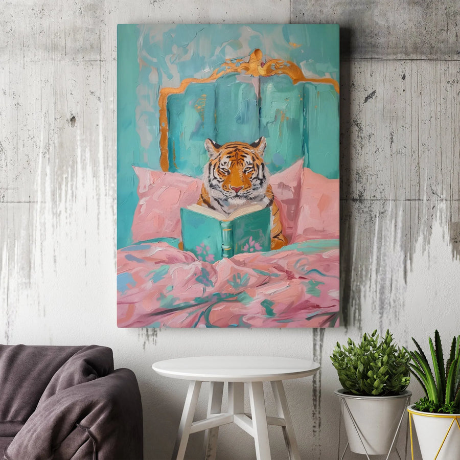 Tiger Reading Book Canvas Art | Whimsical Animal Oil Painting Style | Premium 1.25" Gallery Profile | Unique Home Decor Gift for Book Lovers