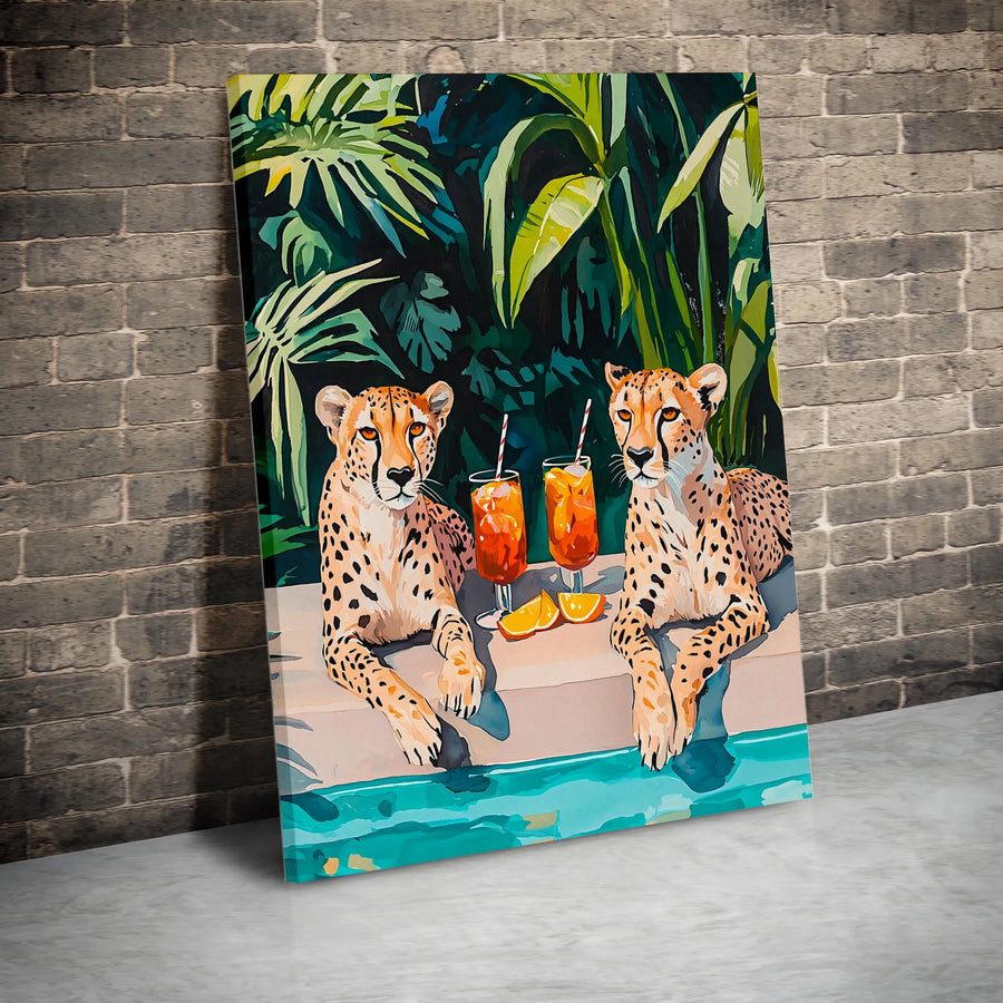 Cheetah Poolside Canvas Wall Art | Whimsical Safari Animals Drinking Cocktails | Premium 1.25-Inch Gallery Wrap | Modern Tropical Home Decor Gift
